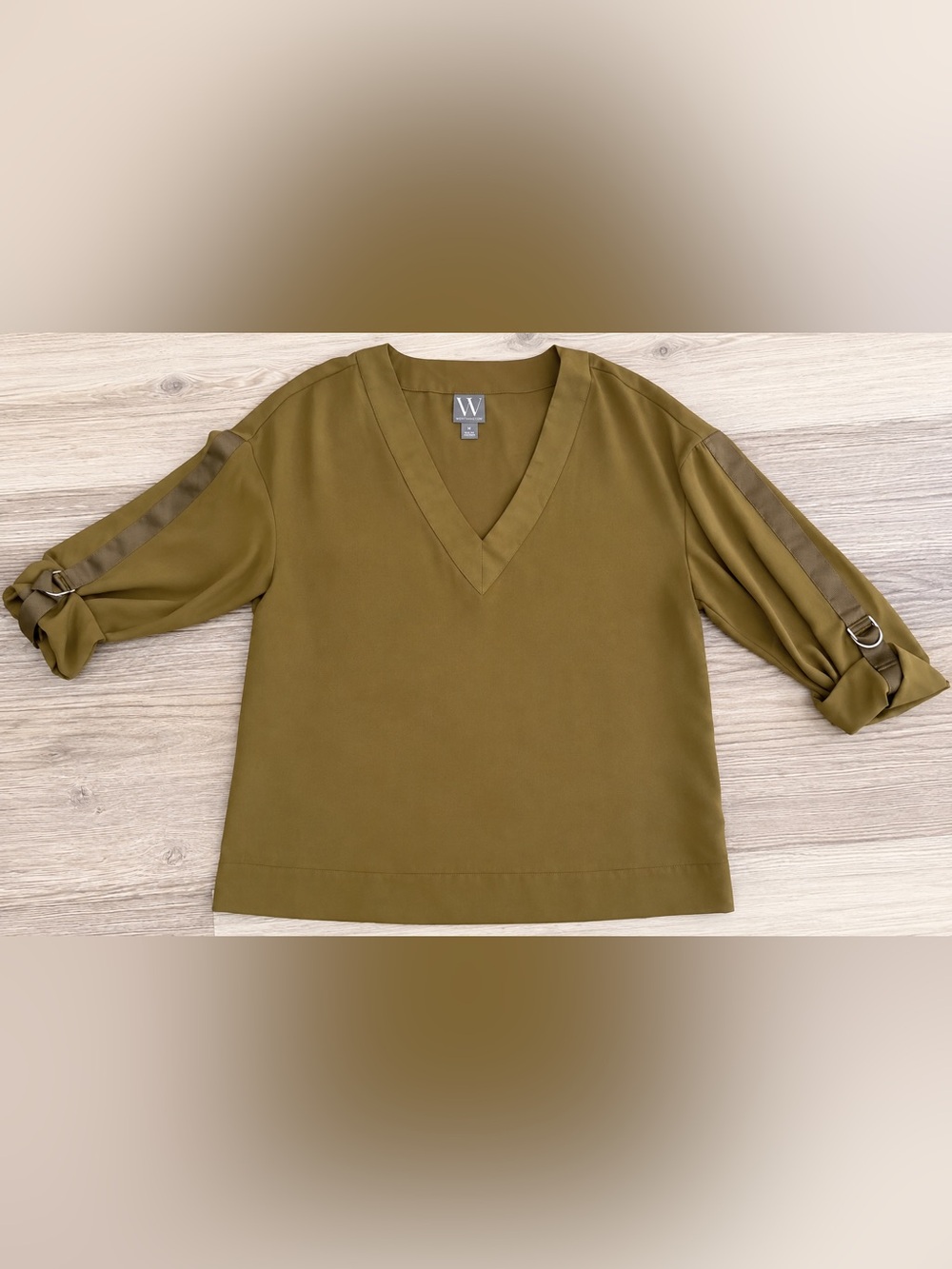 W by Worth Olive V-Neck Roll-Sleeve Sweater
